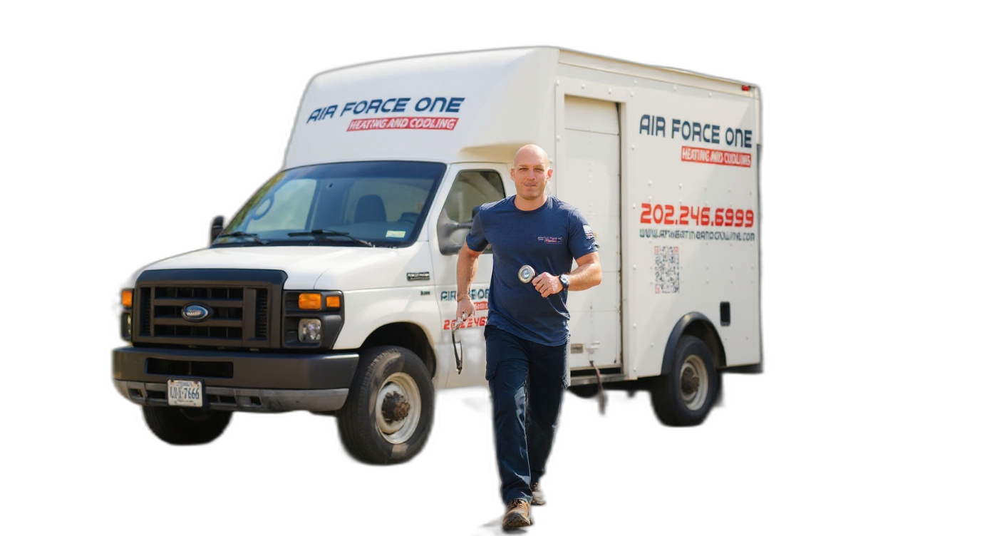 Jim walking with tools toward a service call